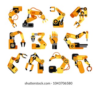 Factory robot arms manufacturing industrial equipment vector set. Illustration of robot arm equipment for factory industry