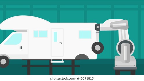 Factory robot assembling vehicle in assembly shop. Robotic arm working on assembly line for vehicles. Factory robot sets the wheel on the vehicle. Vector flat design illustration. Horizontal layout.