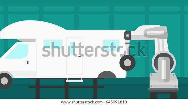 Factory robot assembling vehicle in assembly\
shop. Robotic arm working on assembly line for vehicles. Factory\
robot sets the wheel on the vehicle. Vector flat design\
illustration. Horizontal\
layout.