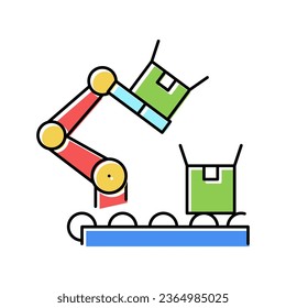 factory robot transportation box on conveyor color icon vector. factory robot transportation box on conveyor sign. isolated symbol illustration