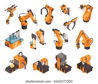 Robots de fábrica e íconos isométricos de maquinaria automatizada aislados en fondo blanco Ilustración vectorial 3d