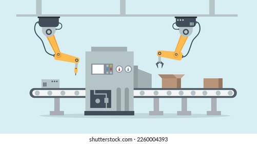 Factory with robots producing goods.Icon vector illustration.Background image.Robot.