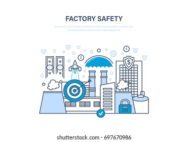 Factory safety concept. Industrial factory in city street urban landscape. Manufacturing factory building. Guarantee of safe operation, finance, data. Illustration thin line design of vector doodles.
