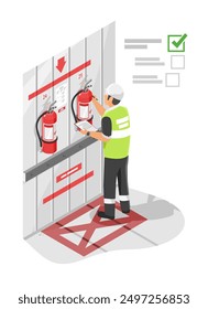 factory safety inspection isometric engineer inspecting fire extinguisher tank at fire extingguisher placement isolated cartoon