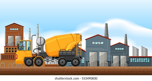 Factory scene with cement mixer illustration