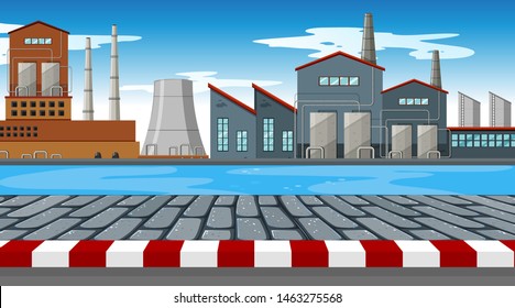Escena de fábrica con río en ilustración delantera