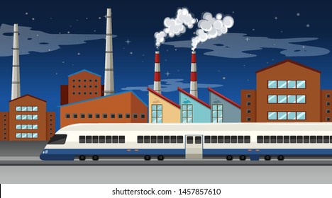 Escena de fábrica con pilas de humo y torres de refrigeración ilustración
