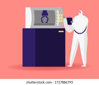 Factory Scientist Character In Sterile Clothing Work On Modern Industrial 3D Printing Machinery. Pharmaceutical, Biotechnological And Semiconductor Manufacturing Process. Cartoon Vector Illustration