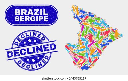 Factory Sergipe State map and blue Declined distress seal. Colored vector Sergipe State map mosaic of tools items. Blue round Declined seal.