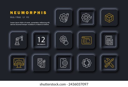 Icono de fábrica. Grifo, configuración, pantalla, monitor, llave y destornillador, calculadora, regla, configuración, trabajo con el equipo, sitio web. Estilo neomorfista. Icono de línea vectorial
