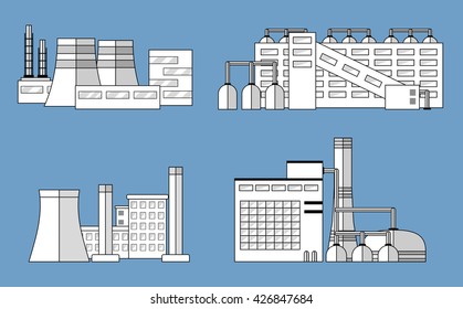 Factory set isolated on blue background. Factory icon in the flat style. Industrial factory building. Manufacturing power factory building. Factory concept. Vector illustration.