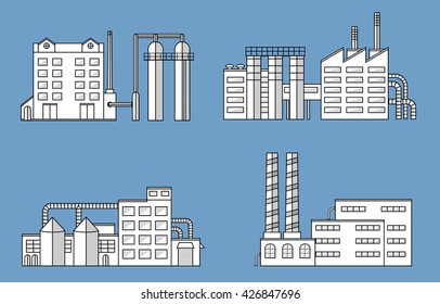 Factory set isolated on blue background. Factory icon in the flat style. Industrial factory building. Manufacturing power factory building. Factory concept. Vector illustration.