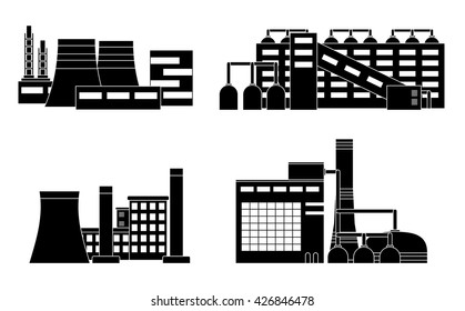 Factory set isolated on white background. Factory icon in the flat style. Industrial factory building. Factory concept. Manufacturing power factory building.Vector illustration.