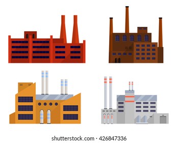 Factory set isolated on white background. Factory icon in the flat style. Industrial factory building. Factory concept. Manufacturing power factory building. Vector illustration.