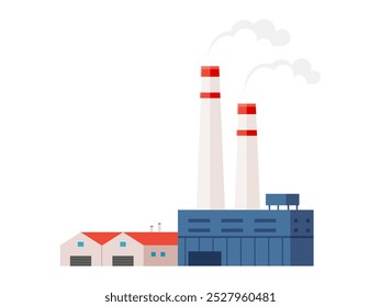 A factory setup with two tall smoke stacks emitting light smoke, three storage buildings with red roofs, and a main industrial building. Ideal for industrial, manufacturing, energy production