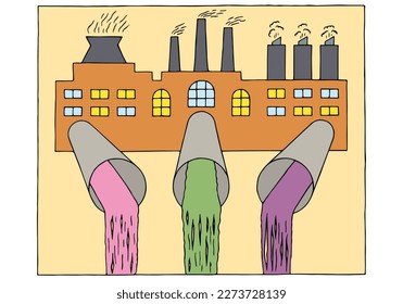 A factory with sewage pipes from which toxic waste flows. The problem of waste disposal of toxic waste. Ecological problems. Environmental pollution.