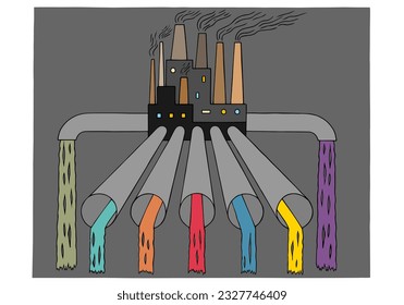 A factory with sewage pipes from which toxic waste flows. The problem of waste disposal of toxic waste. Ecological problems. Environmental pollution.
