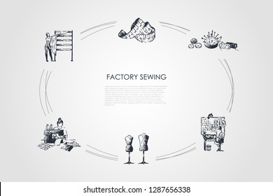 Factory sewing - dummies, needles and threads, measuring tape, patterns, seamstress working vector concept set. Hand drawn sketch isolated illustration