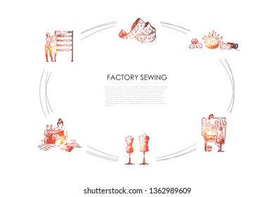 Factory sewing - dummies, needles and threads, measuring tape, patterns, seamstress working vector concept set. Hand drawn sketch isolated illustration