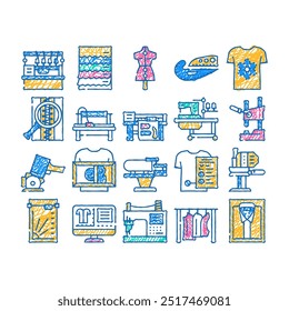 factory sewing sew machine doodle icons set vector. sketch line art tailor fabricthread, textile fashion, needle industry, needlework, woman seamstress factory sewing sew machine color illustrations