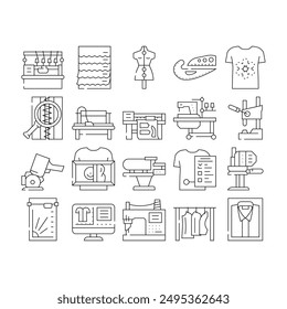 factory sewing sew machine icons set vector. tailor fabricthread, textile fashion, needle industry, needlework, woman seamstress factory sewing sew machine black contour illustrations