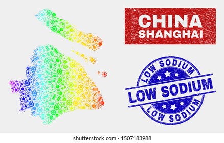 Factory Shanghai City map and blue Low Sodium textured seal. Spectrum gradiented vector Shanghai City map mosaic of machinery units. Blue rounded Low Sodium seal.