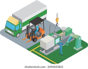 Ilustración de fábrica y patio de envío
