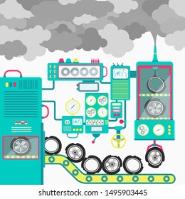 Factory showing the tires being turned into polluting smoke. Conceptual illustration. 