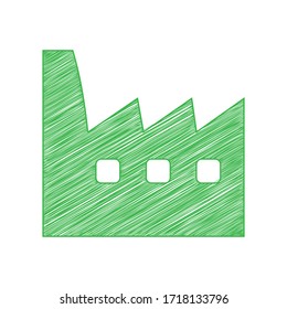 Ilustración de signo de fábrica. Ícono de garabato verde con contorno sólido sobre fondo blanco. Ilustración.