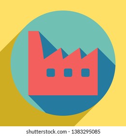 Factory sign illustration. Sunset orange icon with llapis lazuli shadow inside medium aquamarine circle with different goldenrod shadow at royal yellow background.
