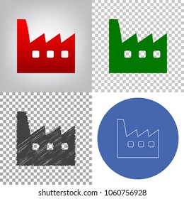 Factory sign illustration. Vector. 4 styles. Red gradient in radial lighted background, green flat and gray scribble icons on transparent and linear one in blue circle.