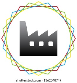 Factory sign illustration. Vector. Black icon with patch of light inside colorful hexagonal frames at white background.