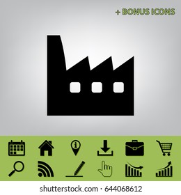 Factory sign illustration. Vector. Black icon at gray background with bonus icons at celery ones