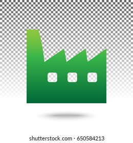 Factory sign illustration. Vector. Green gradient icon with shadow at bottom on transparent and white background.