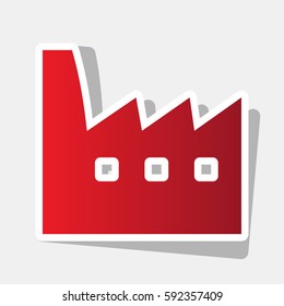 Factory sign illustration. Vector. New year reddish icon with outside stroke and gray shadow on light gray background.