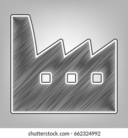 Factory sign illustration. Vector. Pencil sketch imitation. Dark gray scribble icon with dark gray outer contour at gray background.