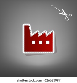 Factory sign illustration. Vector. Red icon with for applique from paper with shadow on gray background with scissors.