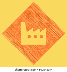 Factory sign illustration. Vector. Red scribble icon obtained as a result of subtraction rhomb and path. Royal yellow background.