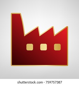 Factory sign illustration. Vector. Red icon on gold sticker at light gray background.