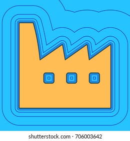 Factory sign illustration. Vector. Sand color icon with black contour and equidistant blue contours like field at sky blue background. Like waves on map - island in ocean or sea.
