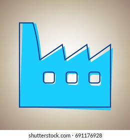 Factory sign illustration. Vector. Sky blue icon with defected blue contour on beige background.