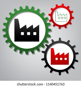 Factory sign illustration. Vector. Three connected gears with icons at grayish background.