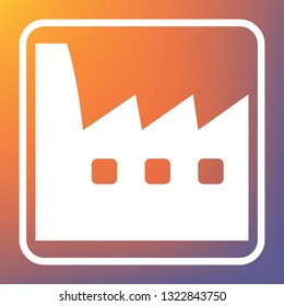 Factory sign illustration. Vector. White icon on transparent button at orange-violet gradient background.