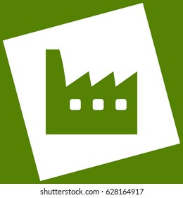 Factory sign illustration. Vector. White icon obtained as a result of subtraction rotated square and path. Avocado background.