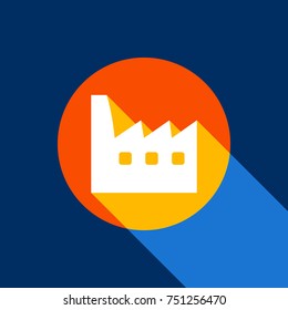 Factory sign illustration. Vector. White icon on tangelo circle with infinite shadow of light at cool black background. Selective yellow and bright navy blue are produced.