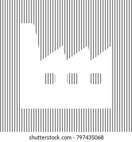 Factory sign illustration. Vector. White icon on grayish striped background. Optical illusion.