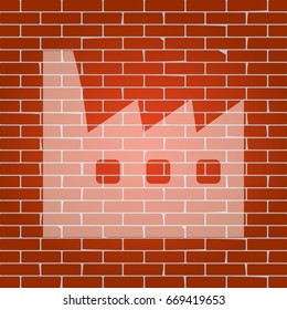 Factory sign illustration. Vector. Whitish icon on brick wall as background.