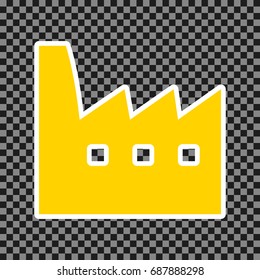 Factory sign illustration. Vector. Yellow icon with white contour on dark transparent background.