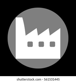 Factory sign illustration. White icon in gray circle at black background. Circumscribed circle. Circumcircle.