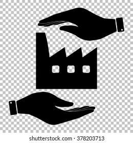 Factory sign. Save or protect symbol by hands.